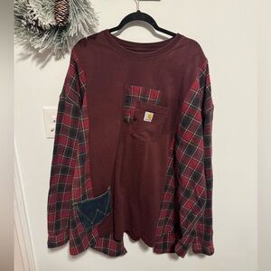 Upcycled Carhartt Burgundy and Plaid Long Sleeve Shirt Wrangler Denim Pocket